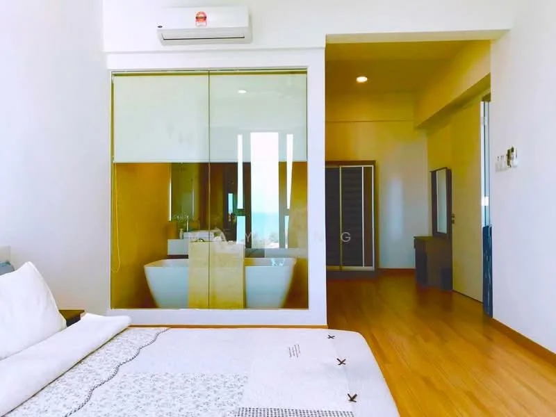 Bedroom features: queen-size bed, white bedding, wooden flooring, wall-mounted split AC, large glass window, decorative mirror, built-in wardrobe with sliding doors, neutral wall color, area rug, nightstand; style: modern. Bathroom features: freestanding bathtub, glass enclosure, modern faucet, tile cladding, natural light from window; style: modern.