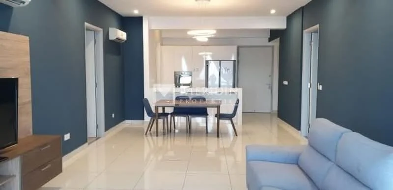 Living features: light blue fabric sofa, wooden TV console, wall-mounted TV, dining table for four, blue upholstered dining chairs, white walls, dark blue accent wall, recessed ceiling lights, floor-to-ceiling windows, glossy tile flooring, air conditioning unit; style: modern.