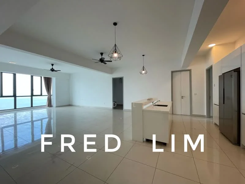Living features: large floor-to-ceiling windows, white painted walls, grey tiled flooring, 2 ceiling fans, 3 pendant lights, open layout, sliding glass door, curtains, view of the sea; style: modern; view: sea. Kitchen features: white cabinetry, island countertop, stainless-steel fridge, built-in sink, modern faucet; style: modern.