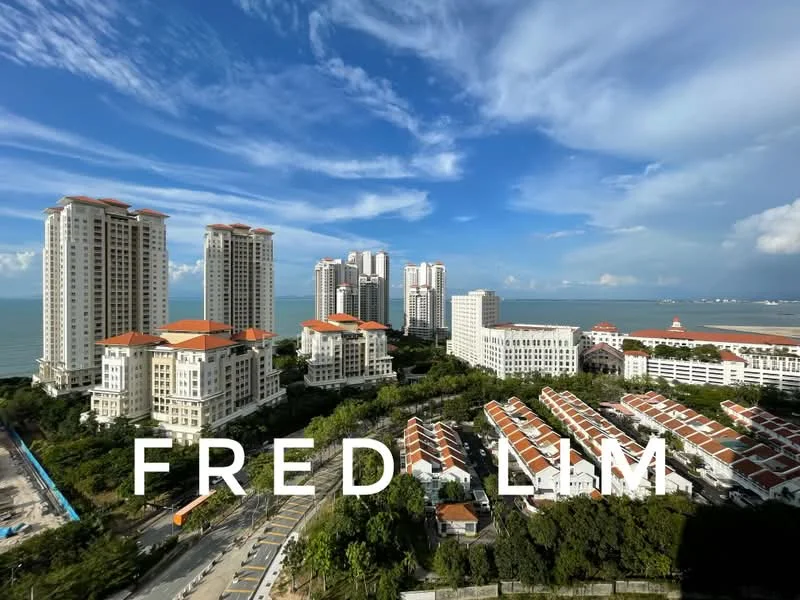 Exterior type: high-rise condominium; features: multiple high-rise buildings, waterfront view, landscaped gardens, surrounding residential units, urban skyline, blue sky with clouds; style: modern.