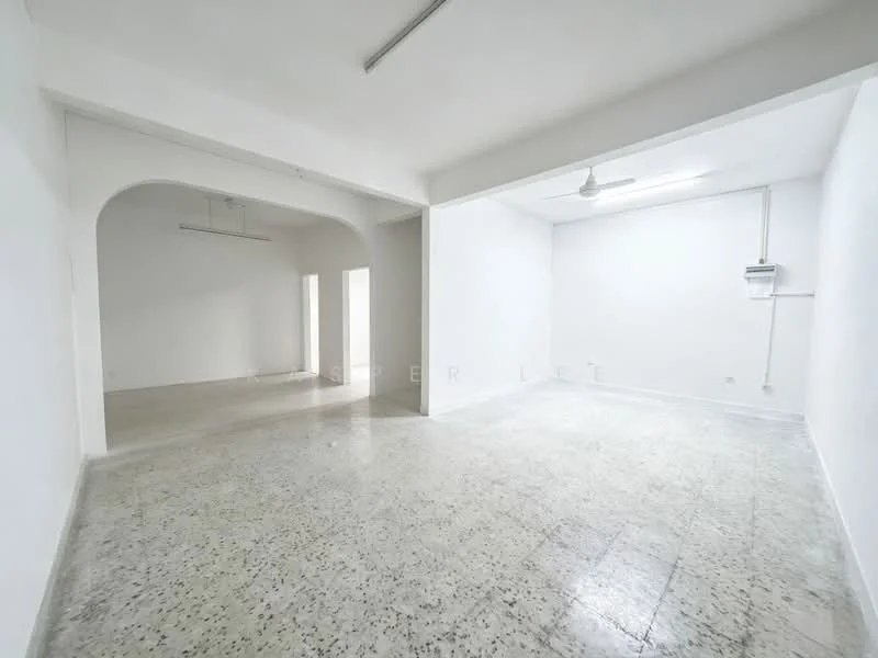 Room features: white painted walls, polished concrete flooring, ceiling fan, arched doorway, exposed electrical wiring, natural light from windows, open layout, neutral color scheme; style: minimalist.