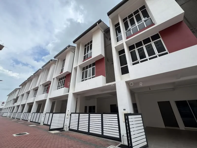 Exterior type: linked terrace house; features: white painted facade, red accent panels, multiple storeys, large windows, balconies with railings, paved walkway, gated entry, modern architectural design; style: modern.