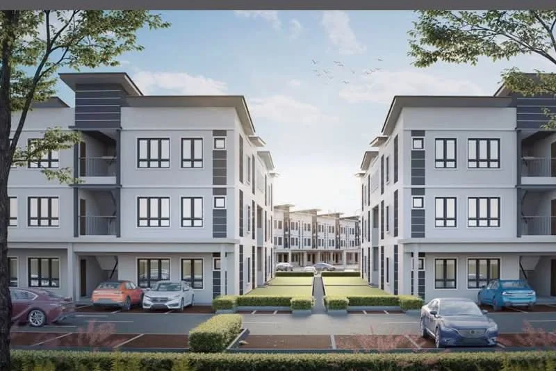 Exterior type: linked terrace house; features: white painted facade, grey accent panels, multiple storeys, balconies on upper floors, landscaped garden area, paved parking area, surrounding greenery, clear blue sky, multiple parking spaces, modern architectural design; style: modern.