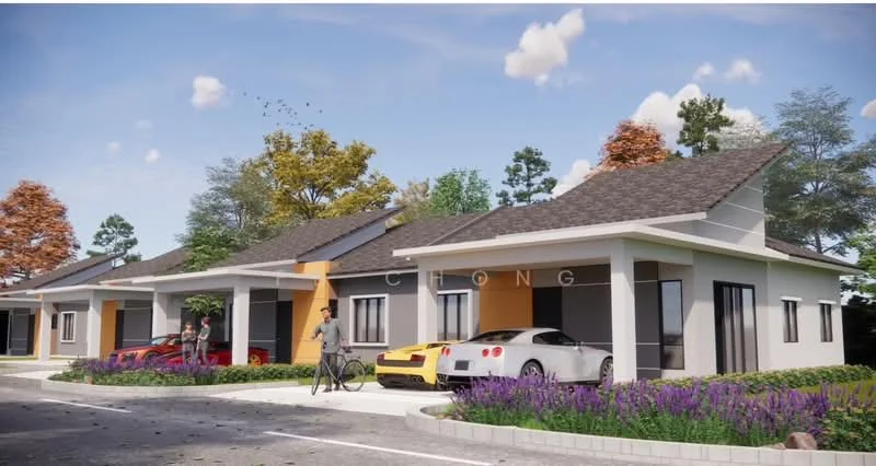 Exterior type: linked terrace house; features: modern facade with orange accents, pitched tile roof, two-storey structure, manicured landscaping with purple flowers, driveway with parking for multiple cars, surrounded by mature trees, clear blue sky, visible solar panels on the roof; style: modern.