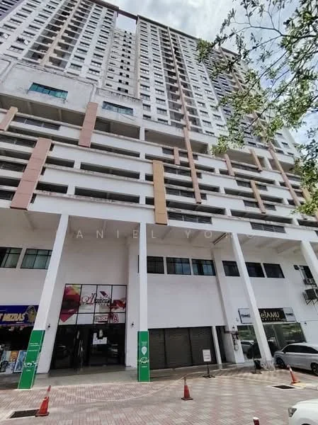 Exterior type: high-rise condominium; features: glass curtain wall, white painted facade, projecting balconies, multiple storeys, entrance with large glass doors, ground-level retail spaces, paved driveway, landscaped area with trees; style: modern.
