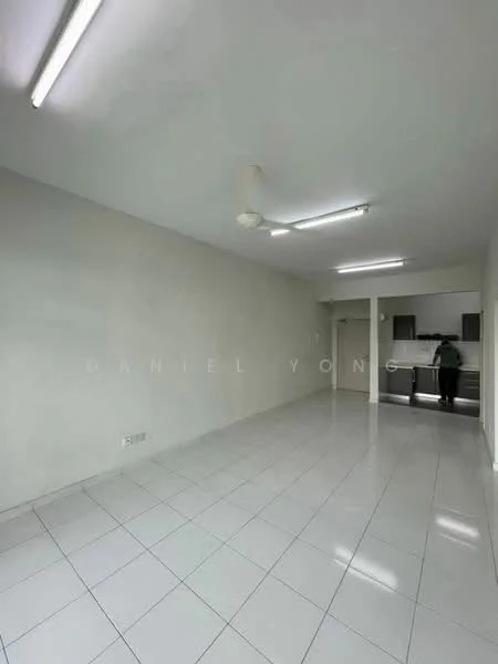 Room features: white painted walls, glossy white tile flooring, ceiling with fluorescent lighting, ceiling fan, open layout, kitchen area visible in background, no visible furniture, neutral color scheme; style: minimalist.