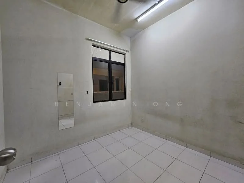 Room features: white painted walls, white tiled flooring, single window with black frame, mirror on wall, ceiling light fixture, no visible furniture; style: minimalist.