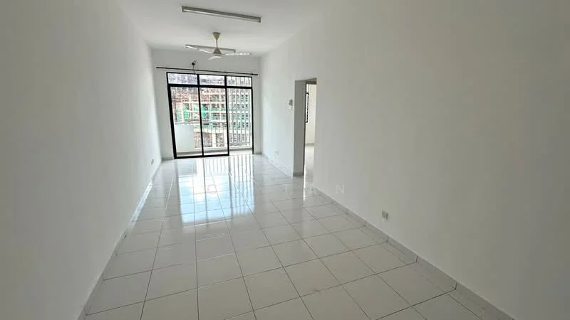 Living features: white painted walls, glossy white tile flooring, 5-blade ceiling fan, floor-to-ceiling windows, sliding glass door, natural light from windows, open layout, no visible furniture; style: modern; view: city.