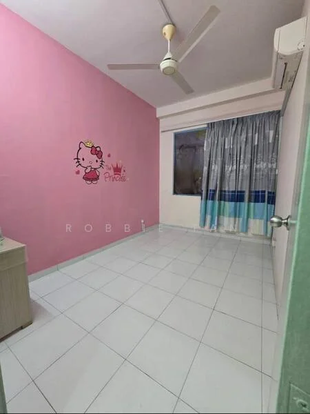 Bedroom features: pink painted walls, white tiled flooring, ceiling fan, window with sheer curtains, built-in wardrobe, Hello Kitty wall decal, air conditioning unit; style: modern.