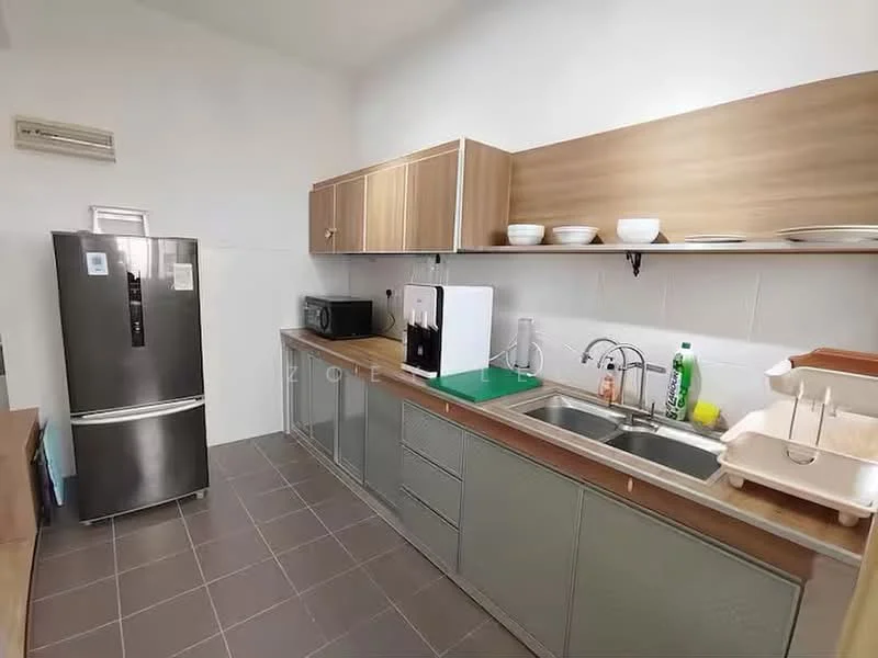 Kitchen features: stainless-steel fridge, microwave, double-bowl stainless-steel sink, chrome pull-down faucet, wood cabinetry with flat-panel design, grey countertop, white tile backsplash, ceramic tile flooring, kitchen island with storage, dish rack, water bottle, dishes on shelf; style: modern.