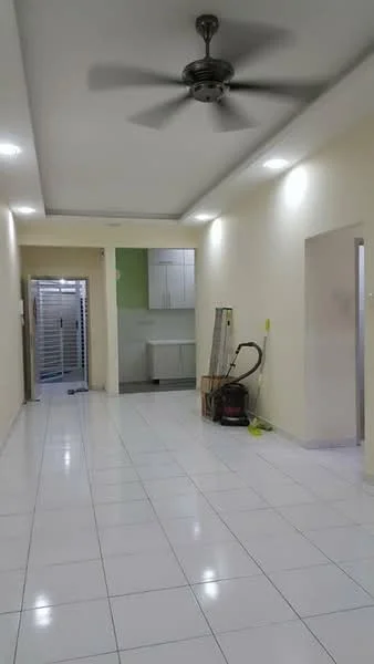 Living features: white painted walls, glossy white tile flooring, 5-blade ceiling fan with light, recessed LED downlights, open layout, vacuum cleaner, cleaning supplies, kitchen area visible in background, utility area visible in background; style: modern.