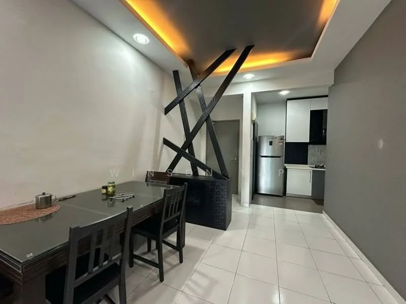 Dining features: dining table with 4 chairs, black dining table, white tiled flooring, grey accent wall, recessed ceiling lights, decorative ceiling feature, open layout to kitchen, wall-mounted cabinet, stainless-steel fridge, black cabinetry, white countertop, kitchen backsplash; style: modern. Kitchen features: stainless-steel fridge, black cabinetry, white countertop, kitchen backsplash; style: modern.