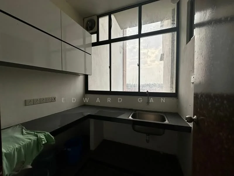 Kitchen features: black countertop, single-bowl stainless-steel sink, chrome faucet, white upper cabinets, grey lower cabinets, large window with city view, wall-mounted air conditioning unit, tile flooring, electrical outlets, dark wall color; style: modern; view: city.