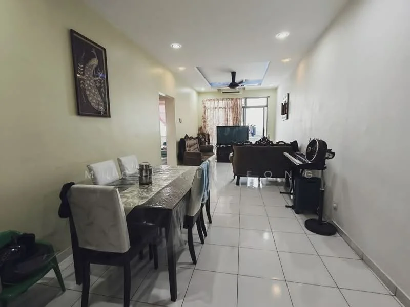Dining features: 6-seater dining table, white upholstered dining chairs, table with transparent cover, ceramic tile flooring; style: modern. Living features: 3-seater fabric sofa in brown, TV console, wall-mounted TV, piano, ceiling fan, curtains, ceramic tile flooring; style: modern.
