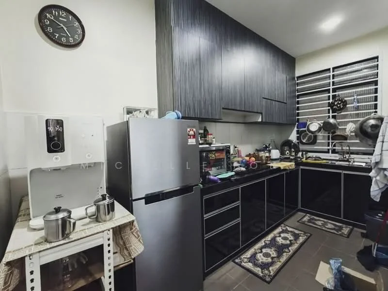 Kitchen features: black cabinetry with flat-panel doors, stainless-steel fridge, built-in microwave, single-bowl stainless-steel sink, chrome pull-down faucet, black countertop, ceramic tile flooring, wall-mounted clock, window with metal grilles, kitchen utensils hanging on wall, decorative rug, open shelving, stainless-steel pots and pans; style: modern.