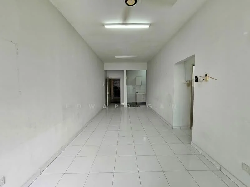 Room features: white painted walls, glossy white tile flooring, ceiling lights, open layout, no visible furniture, neutral color scheme, doorway leading to another room, window opening, minimal decor; style: minimalist.