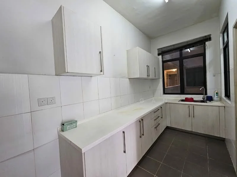 Kitchen features: white laminate cabinetry, grey countertop, white tiled backsplash, single-bowl stainless-steel sink, chrome pull-down faucet, window with black frame, grey floor tiles, wall-mounted cabinets, under-cabinet lighting; style: modern.