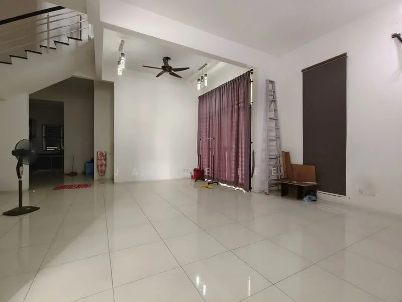 Living features: white painted walls, glossy ceramic tile flooring, 5-blade ceiling fan with light, floor-to-ceiling windows, purple sheer curtains, brown roller blinds, ladder, wooden chair, standing fan; style: modern.