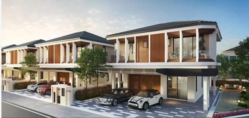 Exterior type: linked terrace house; features: two-storey building, white painted facade, wooden slatted accents, flat roof, manicured landscaping, paved driveway, multiple car parking spaces, large windows, balconies with railings, outdoor seating area, surrounded by greenery; style: modern.