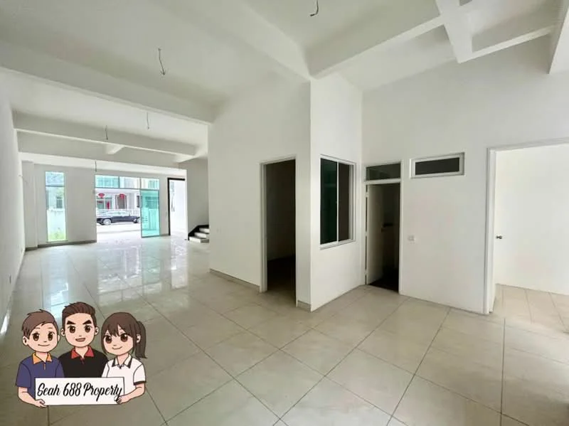 Room features: white painted walls, polished tile flooring, exposed beams on ceiling, large windows, double glass doors leading outside, doorway to adjacent room, doorway to bathroom, high ceiling; style: modern; view: garden.