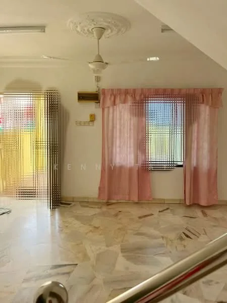 Room features: marble flooring, white painted walls, ceiling rose, ceiling fan, window with sheer curtains, pink curtain drapes, wall-mounted air conditioning unit, natural light from window.