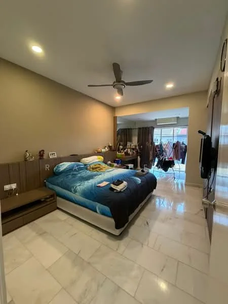 Bedroom features: king-size bed with blue and brown bedding, wooden bedside table, wall-mounted TV, ceiling fan, marble flooring, cream painted walls, large window with sheer curtains, built-in wardrobe, decorative items on the bedside table, clothes drying rack visible in the background; style: modern.