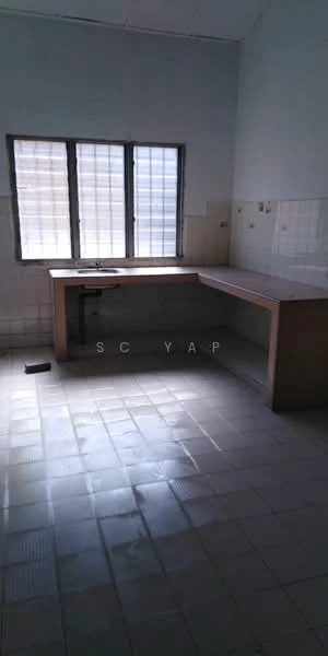 Kitchen features: single-bowl stainless-steel sink, countertop with laminate finish, wall-mounted tiles, window with grid pattern, floor tiles in light color, built-in cabinetry, open layout, natural light from window.
