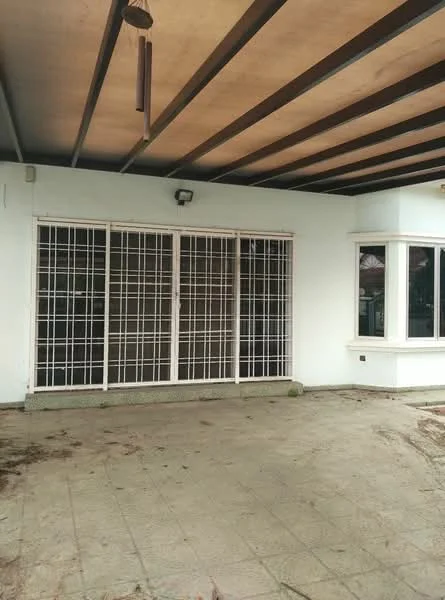 Exterior type: detached bungalow; features: covered porch, sliding glass doors with security grills, large windows, exposed wooden beams on ceiling, tiled flooring, concrete flooring, light fixture on ceiling, white painted walls; style: traditional.