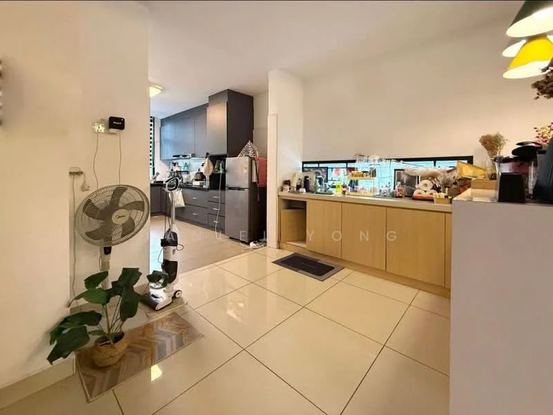 Kitchen features: white painted walls, cream cabinetry, black countertop, stainless-steel appliances, built-in oven, freestanding range oven, double-bowl stainless-steel sink, chrome pull-down faucet, tile flooring, recessed downlights, floor-to-ceiling windows, open shelving, kitchen island, decorative plants; style: modern.