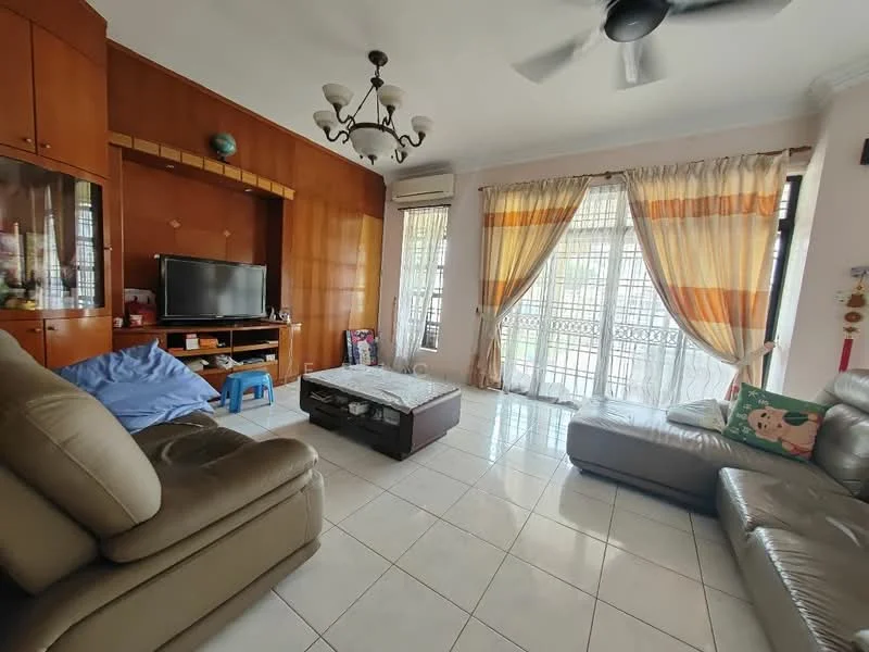 Living features: cream tiled flooring, white painted walls, ceiling fan with light, chandelier, large windows with sheer curtains, two-seater leather sofa in grey, 3-seater fabric sofa in beige, coffee table, TV console, built-in wooden cabinetry, decorative wall shelf, area rug; style: contemporary; view: garden.