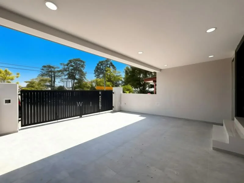 Exterior features: sliding glass door, grey tiled flooring, white painted walls, recessed downlights, gated entry, manicured landscaping, open outdoor space, surrounded by trees; style: modern.