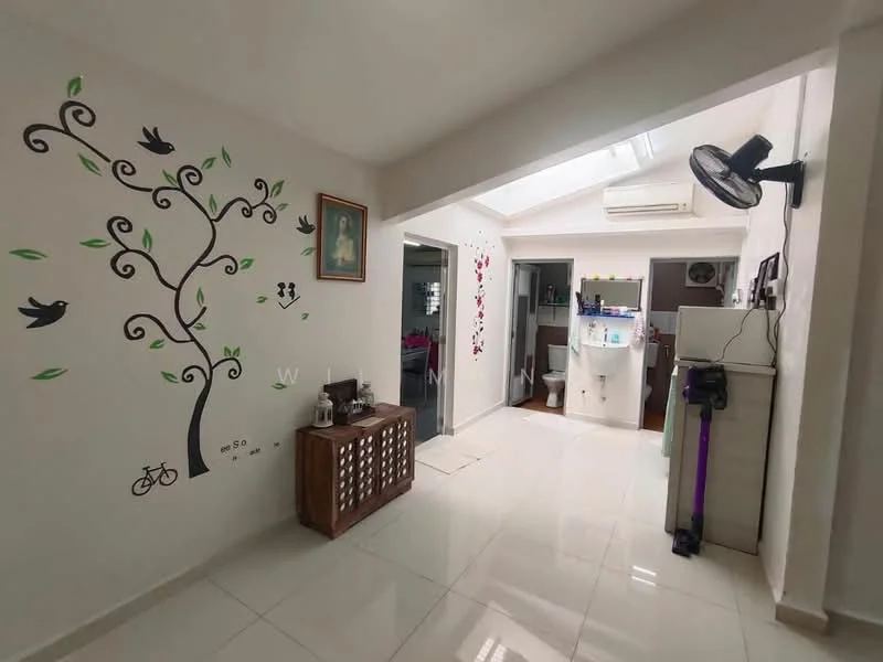 Room features: white painted walls, glossy white tile flooring, skylight, ceiling fan, decorative wall decals, wooden cabinet, open layout, air conditioning unit; style: modern.