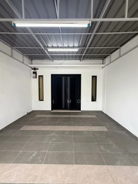 Room features: grey tiled flooring, white painted walls, metal roof, two narrow windows on either side of the door, black front door, fluorescent ceiling lights, open layout, neutral color scheme; style: modern.