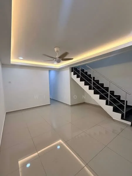 Room features: white painted walls, glossy tile flooring, recessed LED downlights, 5-blade ceiling fan, staircase with metal railing, neutral color scheme, cove lighting along ceiling, open layout; style: modern.