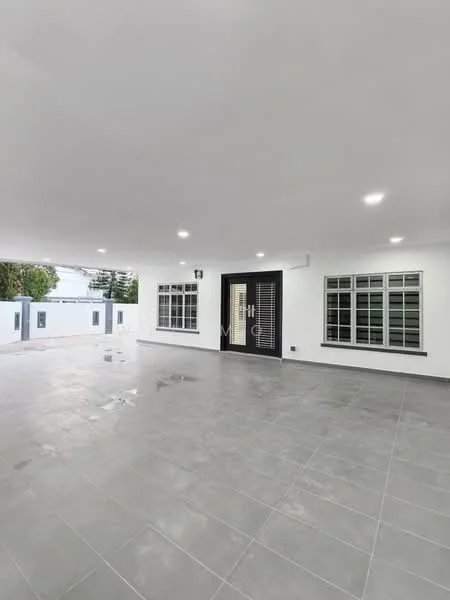 Exterior features: grey tiled flooring, white painted walls, black framed windows, multiple windows for natural light, recessed ceiling lights, open space layout, access to outdoor area, minimalist design; style: modern.