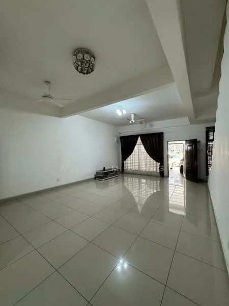 Living features: white painted walls, polished ceramic tile flooring, tray ceiling, 5-blade ceiling fan with light, recessed downlights, chandelier, floor-to-ceiling windows, sheer curtains, double-door entrance, decorative wall paneling; style: modern.