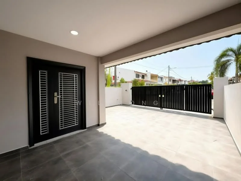 Exterior features: grey tiled flooring, white painted walls, black security gate, double-door entrance with vertical slats, overhead lighting, paved outdoor area, surrounding residential buildings, palm trees in the background; style: modern.