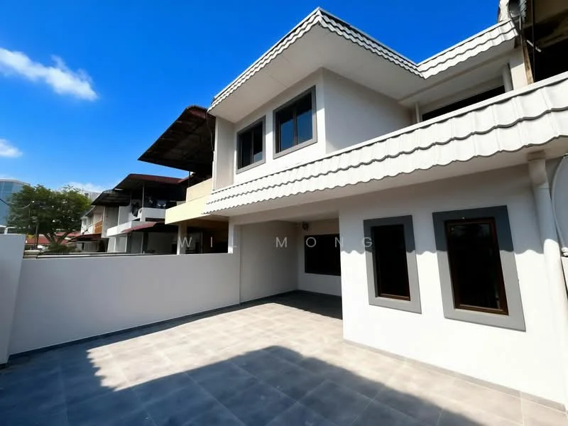 Exterior type: semi-detached house; features: white painted facade, grey tiled roof, two-storey structure, large windows with black frames, paved outdoor area, manicured landscaping, surrounded by other residential buildings, clear blue sky; style: modern.