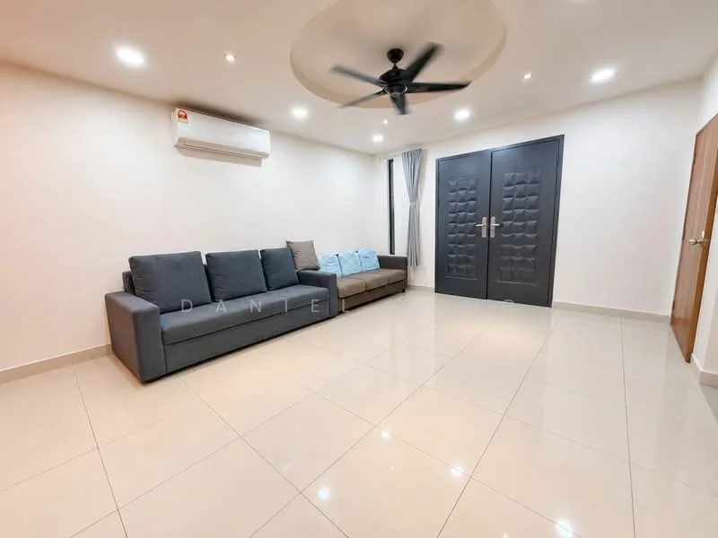 Living features: grey fabric sofa, 3-seater sofa, single armchair, ceiling fan with light, recessed LED downlights, white painted walls, glossy ceramic tile flooring, floor-to-ceiling window with sheer curtains, air conditioning unit, double doors with decorative panels; style: modern.