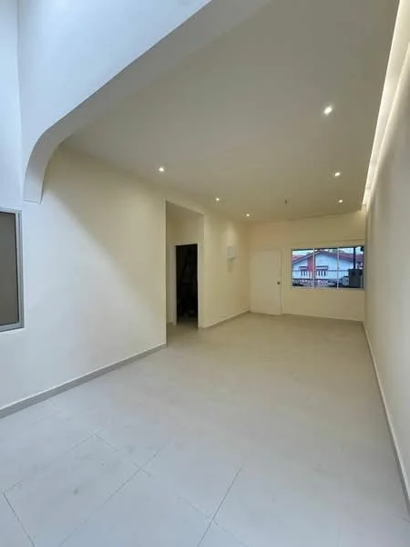 Room features: white painted walls, light grey tile flooring, recessed downlights, large window with view, door leading outside, open layout, high ceiling, minimalist design; style: modern; view: garden.