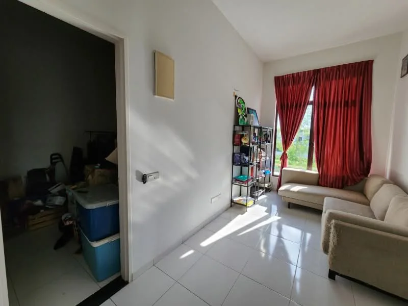 Room features: white painted walls, glossy tile flooring, large window with red curtains, sofa in beige fabric, open shelving unit, visible storage area, natural light from window; style: modern; view: garden.