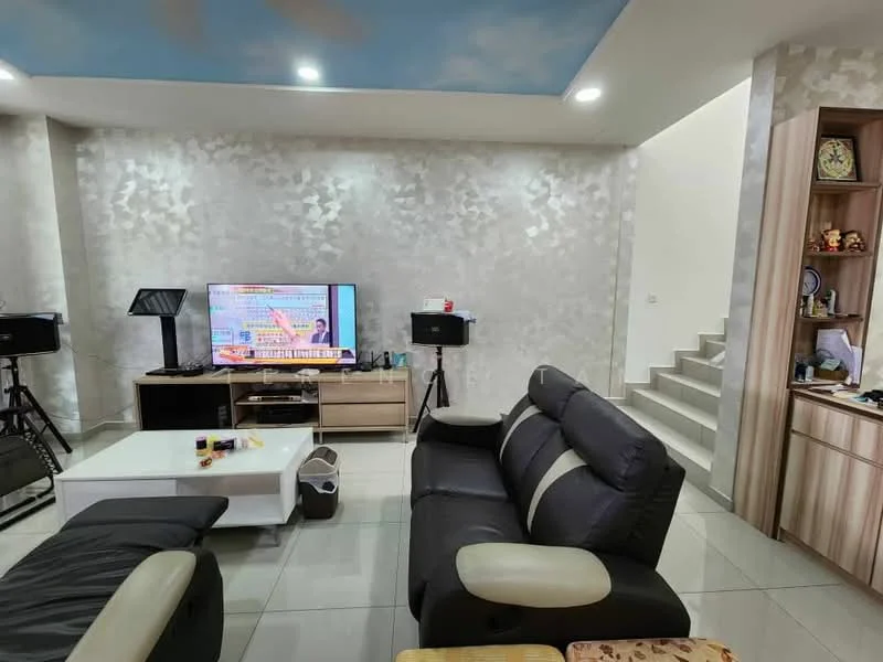 Living features: black leather sofa with beige accents, white coffee table, wall-mounted TV, light grey textured wall, recessed ceiling lights, white tiled flooring, decorative shelving unit, staircase in background, floor lamp, media console; style: modern.