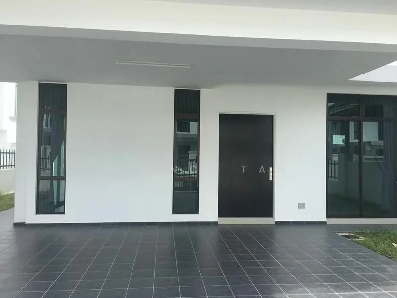 Exterior type: detached bungalow; features: white painted facade, black tiled flooring, large glass windows, main entrance door with letters, manicured lawn, covered porch area; style: modern.