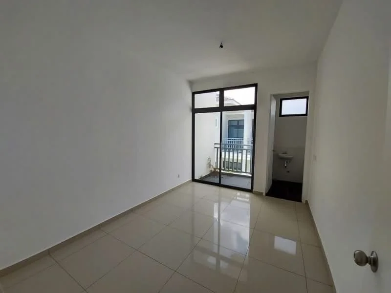 Room features: white painted walls, glossy ceramic tile flooring, large floor-to-ceiling window, sliding glass door, small window, balcony access, single basin sink, neutral color scheme; style: modern.