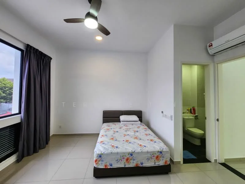Bedroom features: queen-size bed with floral bedding, ceiling fan, wall-mounted air conditioning unit, large window with blackout curtains, light-colored walls, tile flooring, built-in wardrobe, doorway leading to bathroom; style: modern; view: garden.