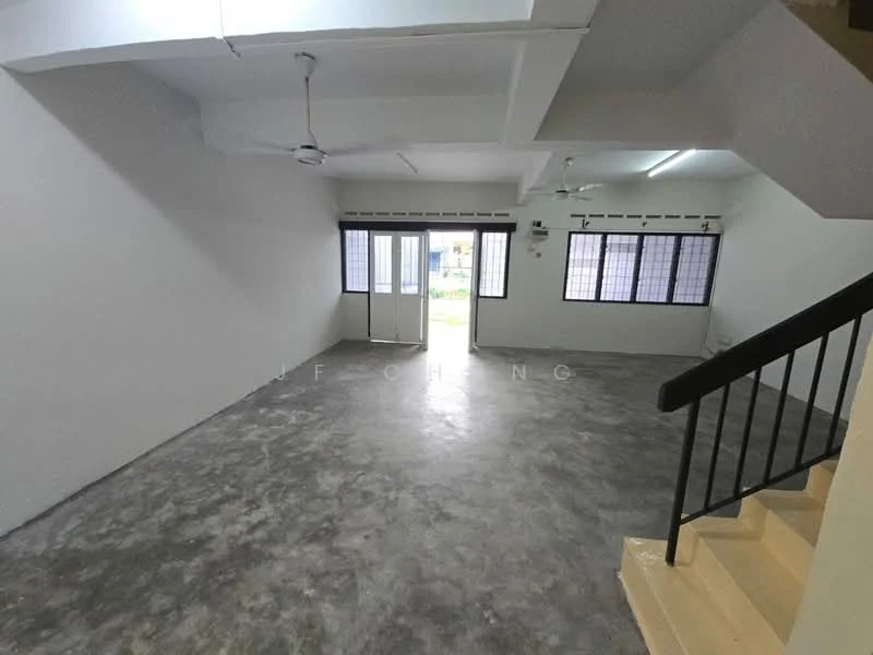 Room features: white painted walls, concrete flooring, ceiling fan, sliding glass door, floor-to-ceiling windows, staircase, natural light from windows, open layout; style: minimalist; view: garden.
