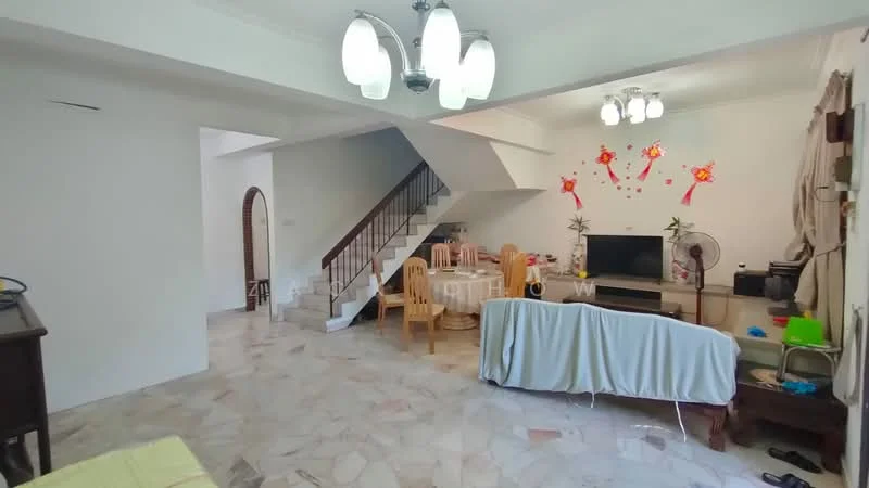 Living features: marble flooring, white painted walls, ceiling fan with light, 5-blade ceiling fan, dining table with chairs, TV console, wall-mounted TV, staircase leading to upper floor, decorative wall art, air conditioning unit, sofa covered with a throw, large window with natural light; style: contemporary.