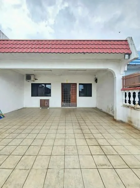 Exterior features: red pitched tile roof, white painted facade, tiled flooring, two windows, security grille door, exterior wall with no visible decoration, overhang at entrance, open space, surrounded by railing; style: modern.