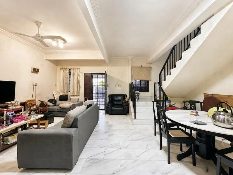 Living features: marble tile flooring, white painted walls, tray ceiling, 5-blade ceiling fan with light, sofa in grey fabric, 2-seater black leather sofa, coffee table, TV console, wall-mounted TV, decorative items on shelves, area rug, dining table with chairs; style: contemporary. Dining features: round dining table, black dining chairs, kettle on table; style: contemporary. Room features: staircase leading to upper floor, window with curtains.