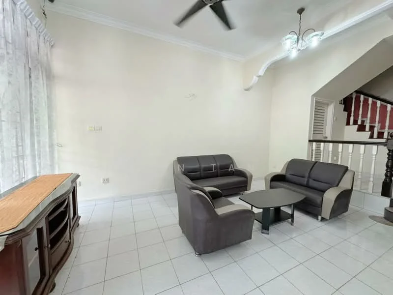 Living features: 2-seater fabric sofa in grey, 3-seater fabric sofa in grey, black coffee table, wooden TV console, white tiled flooring, ceiling fan, chandelier, curtains, white painted walls, crown moulding; style: modern.